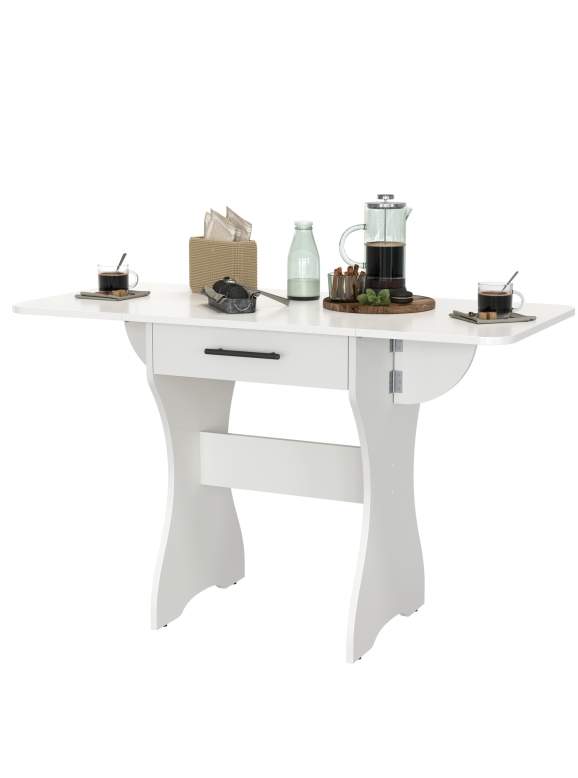 Стол обеденный раскладной с ящиком 6-02.120ТМбел, цвет белый, ШхГхВ 120х57х75 см., 60х57х75 см. сложенный