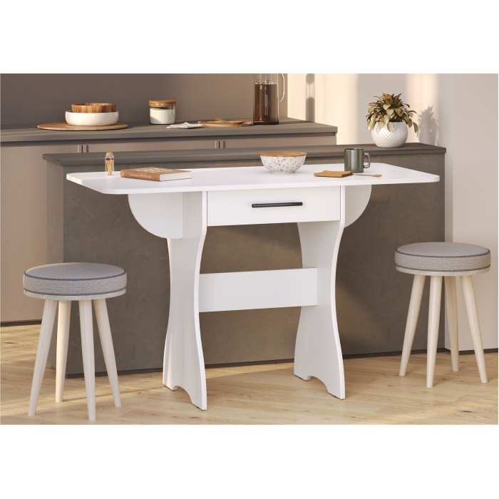 Стол обеденный раскладной с ящиком 6-02.120ТМбел, цвет белый, ШхГхВ 120х57х75 см., 60х57х75 см. сложенный