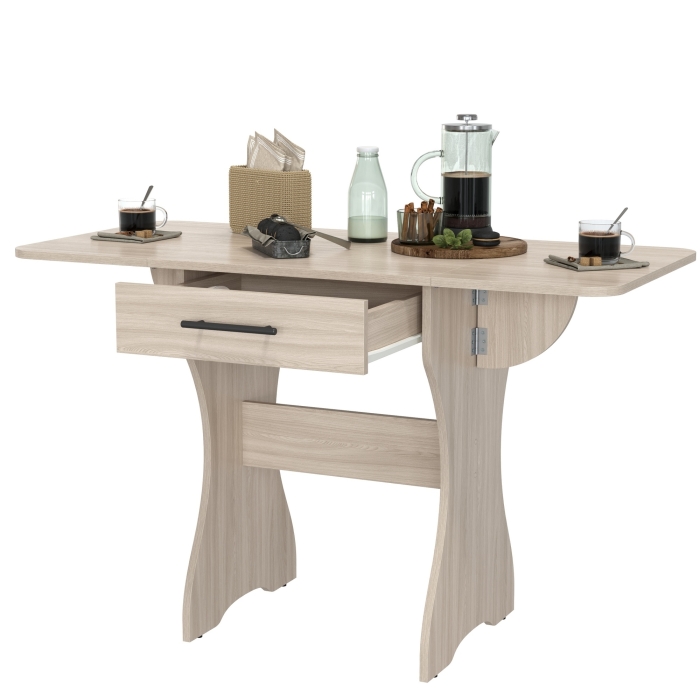 Стол обеденный раскладной с ящиком 6-02.120ТМяс.св, цвет ясень шимо светлый, ШхГхВ 120х57х75 см., 60х57х75 см. сложенный