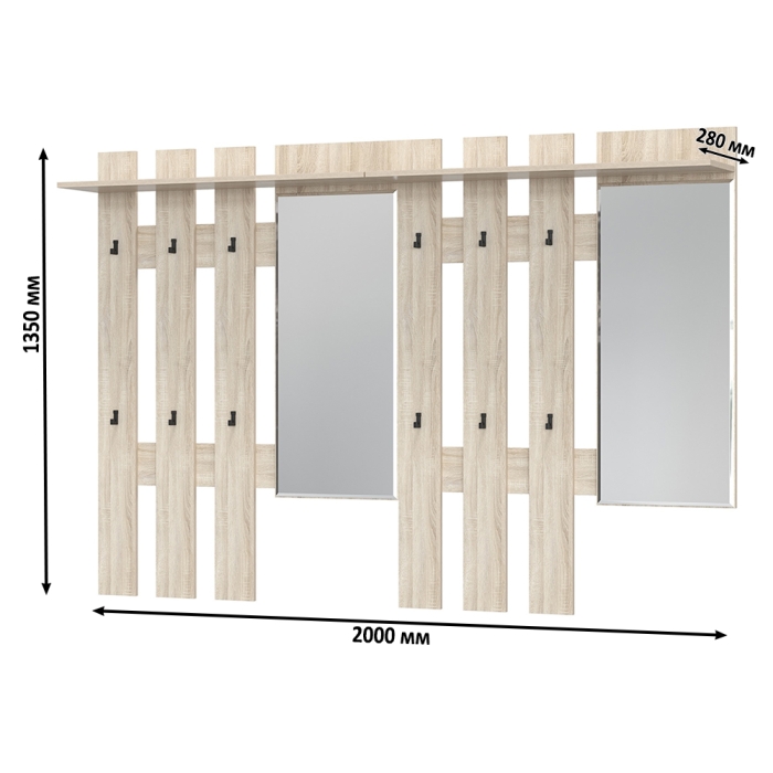 Лира ГК 2-3814+2-3814дубсон Вешалка с зеркалом, цвет дуб сонома, ШхГхВ 200х28х135 см., универсальная сборка
