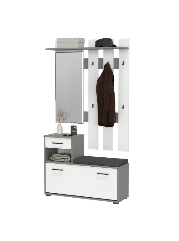 Лира ГК Прихожая 1 2-0714+2-3814 Тумба под обувь + Вешалка с зеркалом, цвет графит/белый, ШхГхВ 100х33х185 см., универсальная сборка
