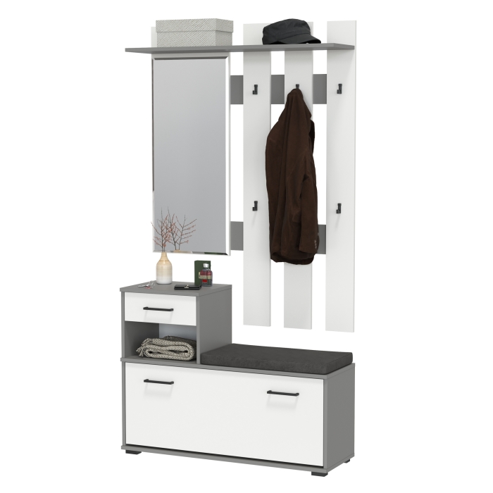 Лира ГК Прихожая 1 2-0714+2-3814 Тумба под обувь + Вешалка с зеркалом, цвет графит/белый, ШхГхВ 100х33х185 см., универсальная сборка