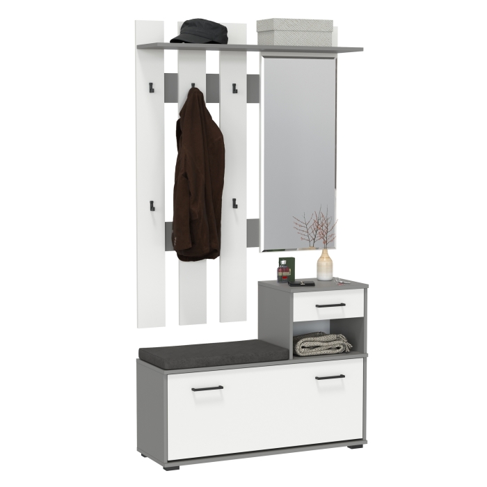 Лира ГК Прихожая 1 2-0714+2-3814 Тумба под обувь + Вешалка с зеркалом, цвет графит/белый, ШхГхВ 100х33х185 см., универсальная сборка