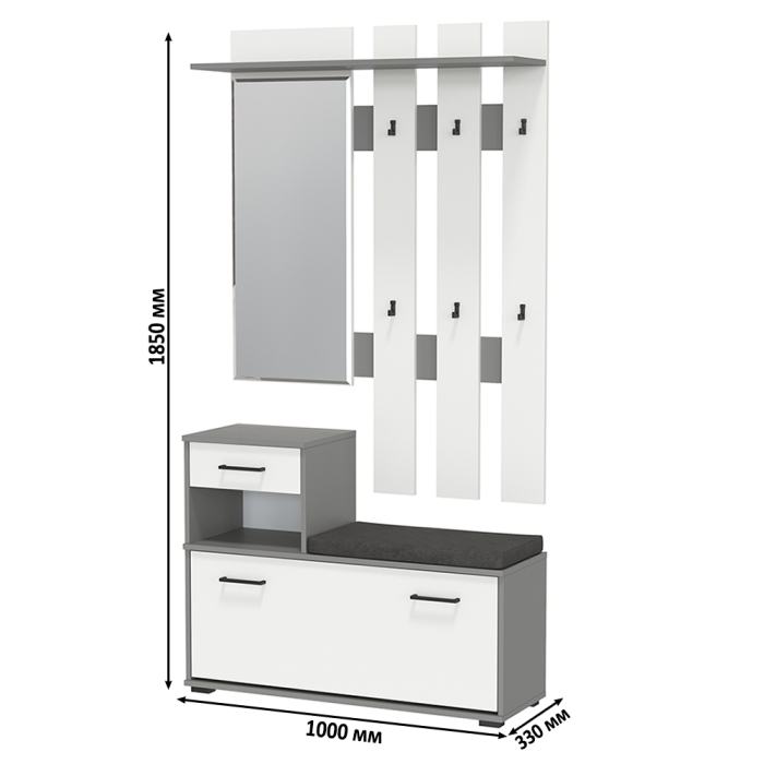 Лира ГК Прихожая 1 2-0714+2-3814 Тумба под обувь + Вешалка с зеркалом, цвет графит/белый, ШхГхВ 100х33х185 см., универсальная сборка