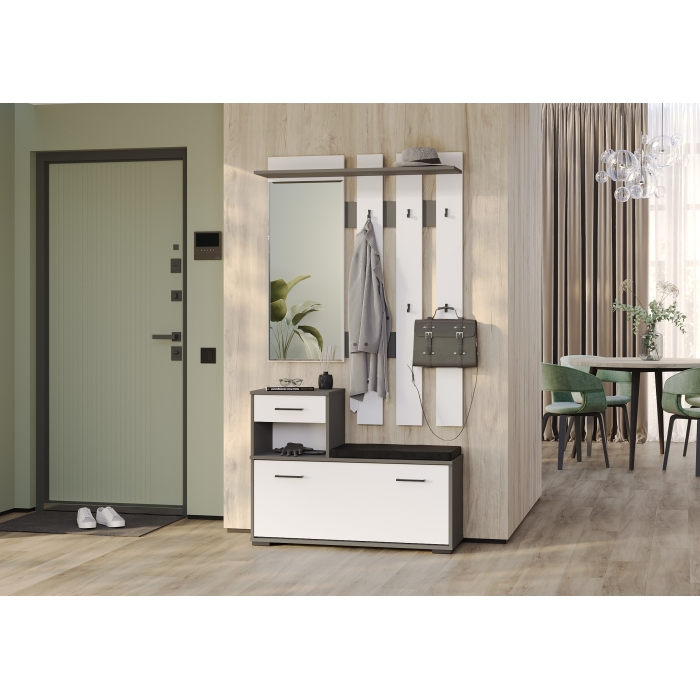 Лира ГК Прихожая 1 2-0714+2-3814 Тумба под обувь + Вешалка с зеркалом, цвет графит/белый, ШхГхВ 100х33х185 см., универсальная сборка