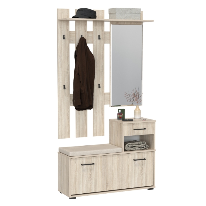 Лира ГК Прихожая 1 2-0714+2-3814 Тумба под обувь + Вешалка с зеркалом, цвет дуб сонома, ШхГхВ 100х33х185 см., универсальная сборка