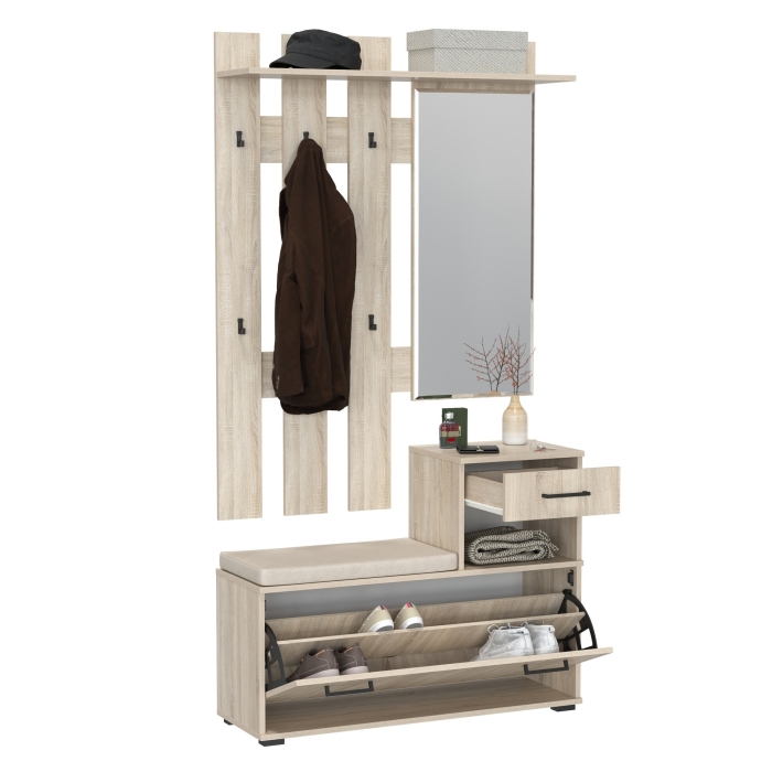 Лира ГК Прихожая 1 2-0714+2-3814 Тумба под обувь + Вешалка с зеркалом, цвет дуб сонома, ШхГхВ 100х33х185 см., универсальная сборка