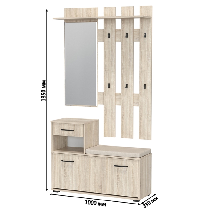 Лира ГК Прихожая 1 2-0714+2-3814 Тумба под обувь + Вешалка с зеркалом, цвет дуб сонома, ШхГхВ 100х33х185 см., универсальная сборка