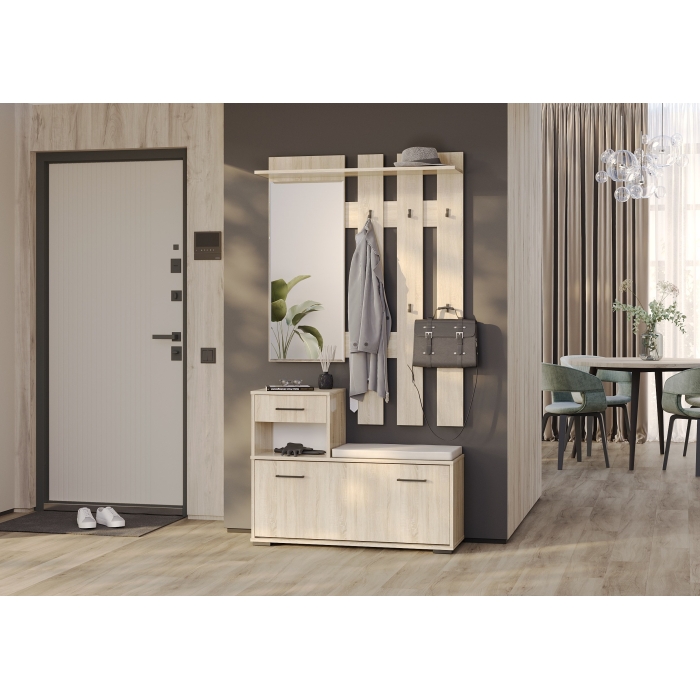 Лира ГК Прихожая 1 2-0714+2-3814 Тумба под обувь + Вешалка с зеркалом, цвет дуб сонома, ШхГхВ 100х33х185 см., универсальная сборка