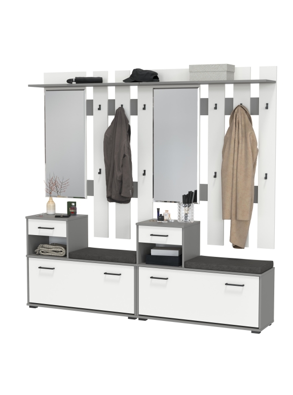 Лира ГК Прихожая 2 Два х Тумба под обувь + Два х Вешалка с зеркалом, цвет графит/белый, ШхГхВ 200х33х185 см., универсальная сборка
