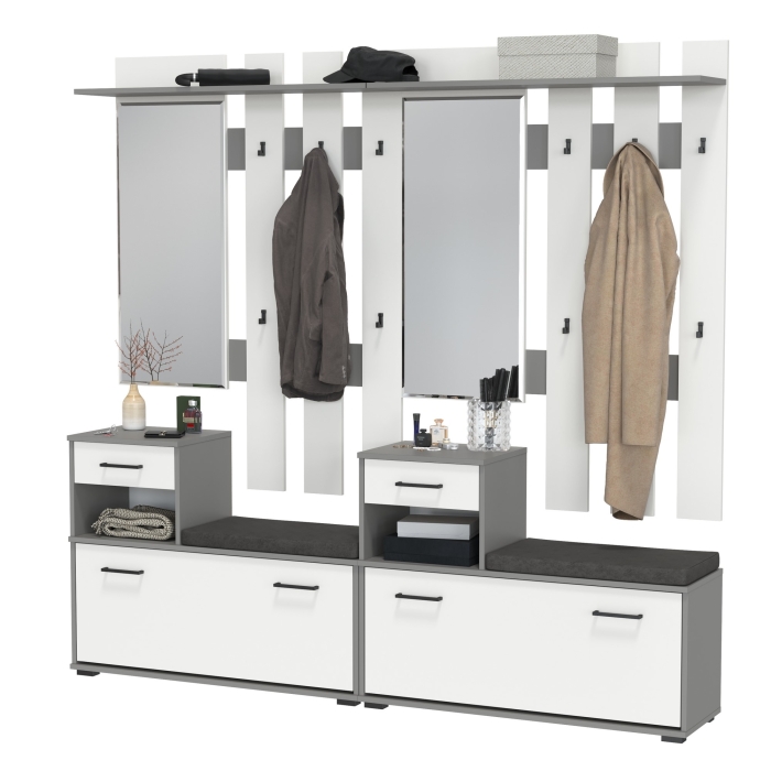 Лира ГК Прихожая 2 Два х Тумба под обувь + Два х Вешалка с зеркалом, цвет графит/белый, ШхГхВ 200х33х185 см., универсальная сборка