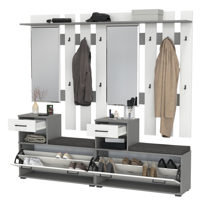 Лира ГК Прихожая 2 Два х Тумба под обувь + Два х Вешалка с зеркалом, цвет графит/белый, ШхГхВ 200х33х185 см., универсальная сборка