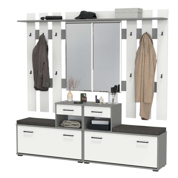 Лира ГК Прихожая 2 Два х Тумба под обувь + Два х Вешалка с зеркалом, цвет графит/белый, ШхГхВ 200х33х185 см., универсальная сборка
