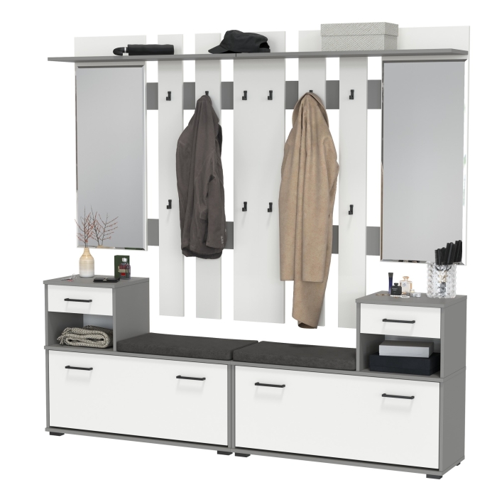 Лира ГК Прихожая 2 Два х Тумба под обувь + Два х Вешалка с зеркалом, цвет графит/белый, ШхГхВ 200х33х185 см., универсальная сборка