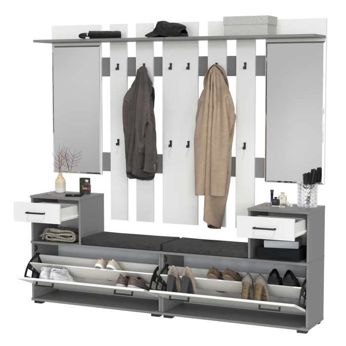 Лира ГК Прихожая 2 Два х Тумба под обувь + Два х Вешалка с зеркалом, цвет графит/белый, ШхГхВ 200х33х185 см., универсальная сборка