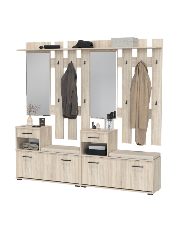 Лира ГК Прихожая 2 Два х Тумба под обувь + Два х Вешалка с зеркалом, цвет дуб сонома, ШхГхВ 200х33х185 см., универсальная сборка