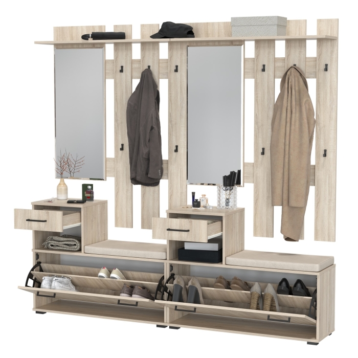 Лира ГК Прихожая 2 Два х Тумба под обувь + Два х Вешалка с зеркалом, цвет дуб сонома, ШхГхВ 200х33х185 см., универсальная сборка