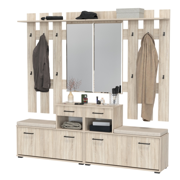 Лира ГК Прихожая 2 Два х Тумба под обувь + Два х Вешалка с зеркалом, цвет дуб сонома, ШхГхВ 200х33х185 см., универсальная сборка