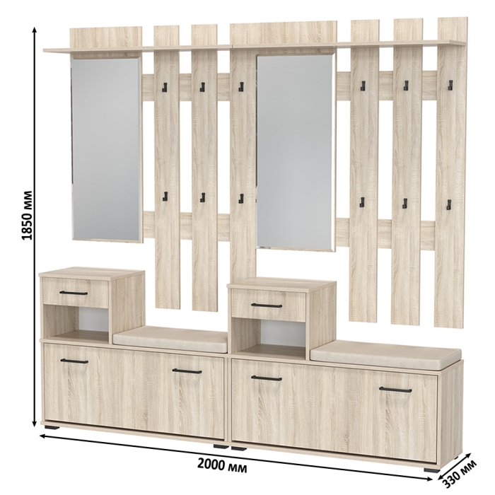 Лира ГК Прихожая 2 Два х Тумба под обувь + Два х Вешалка с зеркалом, цвет дуб сонома, ШхГхВ 200х33х185 см., универсальная сборка
