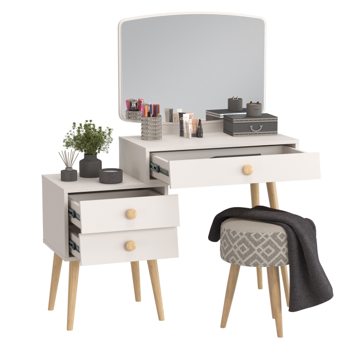 Афина Спальня 4-25901М1к.с. Трюмо + Банкетка 6-5132ТКсерая Юна, цвет кашемир серый/ткань серая, ШхГхВ 105х38,6х129 + 33х33х45 см., универс. сб.