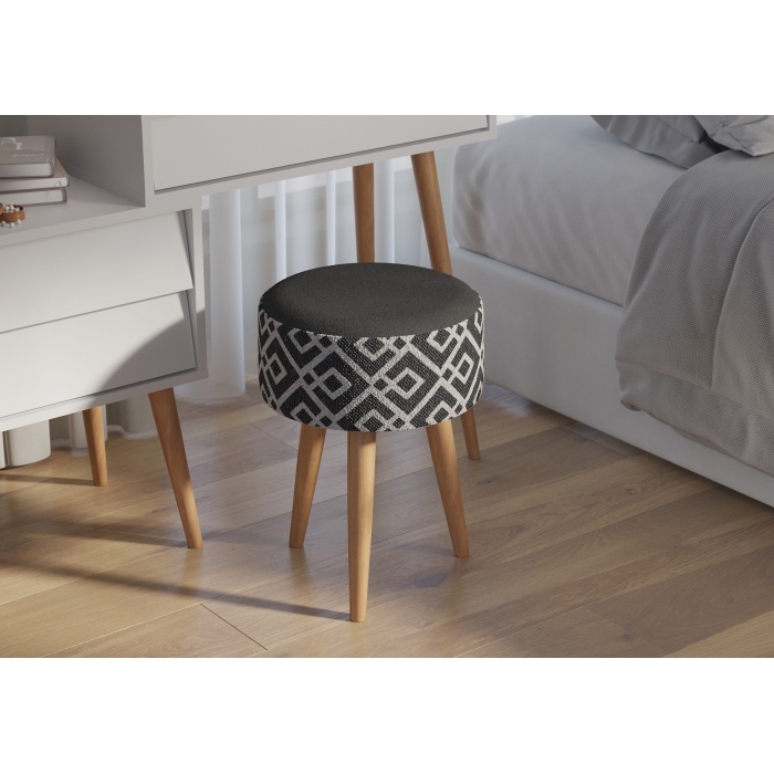 Банкетка 6-5132ТКчёр Юна, цвет ткань чёрная с рисунком, ШхГхВ 33х33х45 см.(круглая банкетка на трёх ножках), цвет ножек: тик