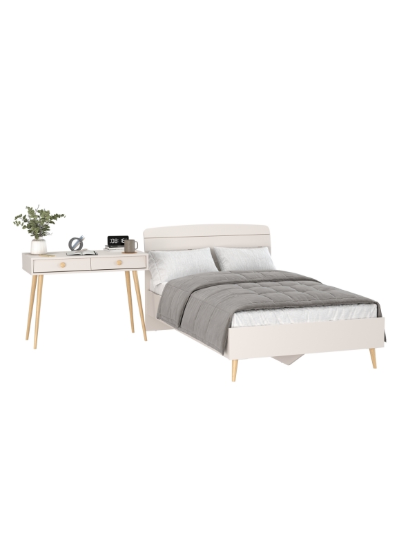 Афина Спальня Кровать 1200 + Стол, цвет кашемир серый, ШхГхВ 123,6х210,2х95,7 + 100х45х76 см., сп.м. 1200х2000 мм., б/м, основание есть