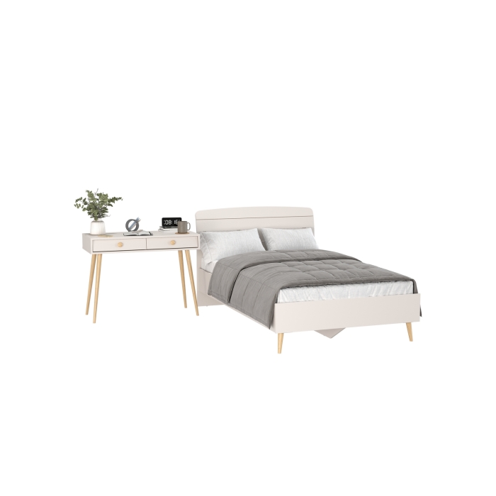 Афина Спальня Кровать 1200 + Стол, цвет кашемир серый, ШхГхВ 123,6х210,2х95,7 + 100х45х76 см., сп.м. 1200х2000 мм., б/м, основание есть