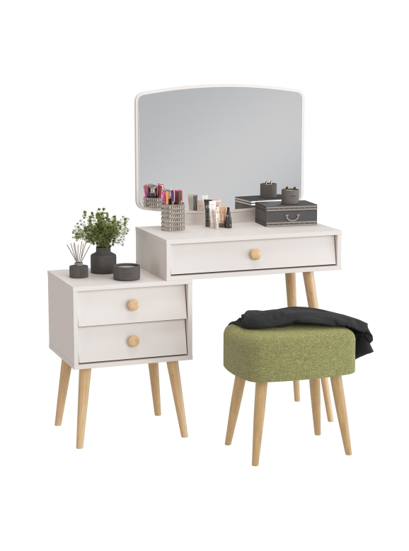 Афина Спальня 4-25901М1к.с. Трюмо + Банкетка 6-5135ТКШзел Полли, цвет кашемир серый/ткань зелёная, ШхГхВ 105х38,6х129 + 44х34х45 см., универс. сб.