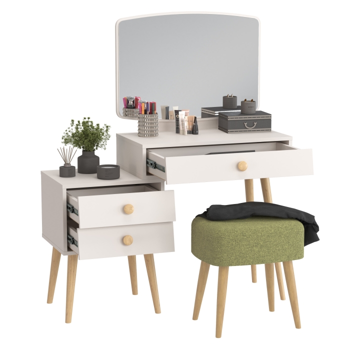 Афина Спальня 4-25901М1к.с. Трюмо + Банкетка 6-5135ТКШзел Полли, цвет кашемир серый/ткань зелёная, ШхГхВ 105х38,6х129 + 44х34х45 см., универс. сб.