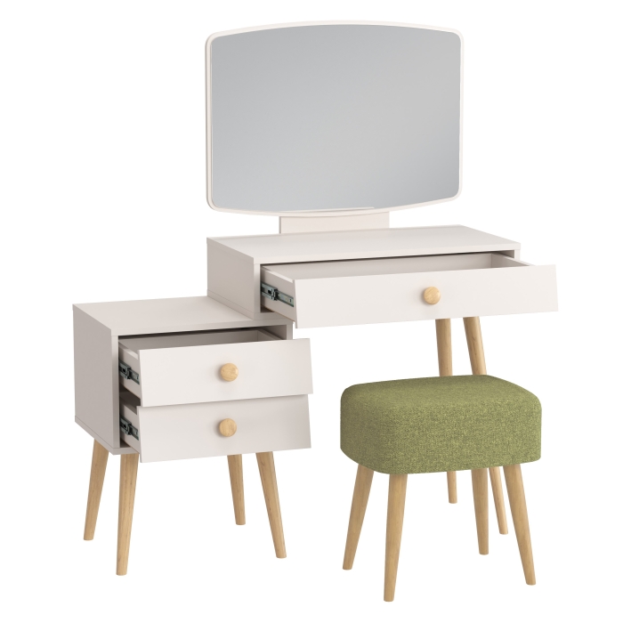 Афина Спальня 4-25901М1к.с. Трюмо + Банкетка 6-5135ТКШзел Полли, цвет кашемир серый/ткань зелёная, ШхГхВ 105х38,6х129 + 44х34х45 см., универс. сб.