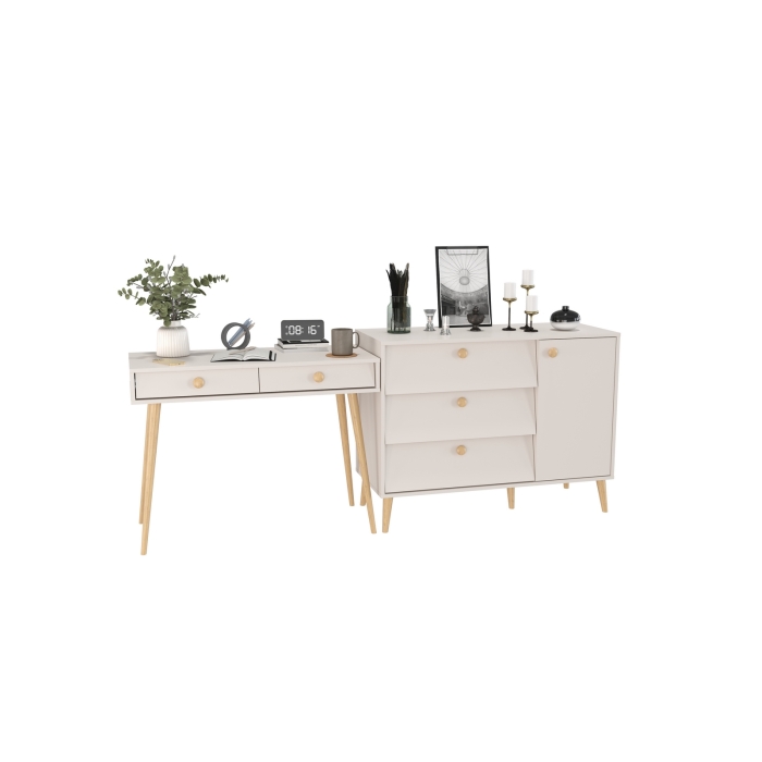 Афина Спальня Стол + Комод с дверкой и тремя ящиками, цвет кашемир серый, ШхГхВ 100х45х76 + 110х45,3х83 см., универсальная сборка