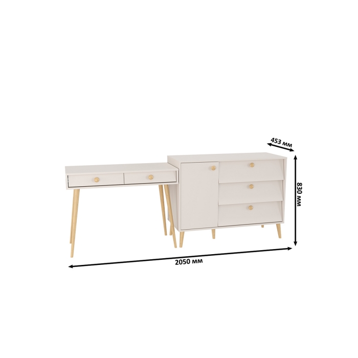 Афина Спальня Стол + Комод с дверкой и тремя ящиками, цвет кашемир серый, ШхГхВ 100х45х76 + 110х45,3х83 см., универсальная сборка