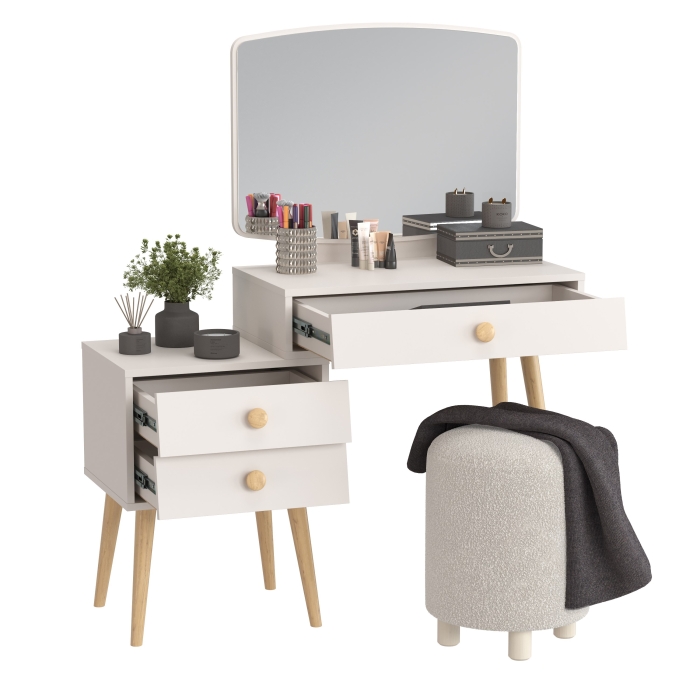 Афина Спальня 4-25901М1к.с. Трюмо + Банкетка 6-5137ТКШсв.серый Марта, цвет кашемир серый/ткань светло-серая, ШхГхВ 105х38,6х129 + 36х36х46 см, ун. сб.