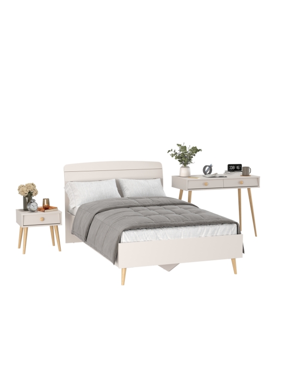 Афина Спальня Кровать 1200 + Стол + Тумба, цвет кашемир серый, ШхГхВ 123,6х210,2х95,7 + 100х45х76 + 45х37х45 см., 1200х2000 мм., б/м, осн. есть