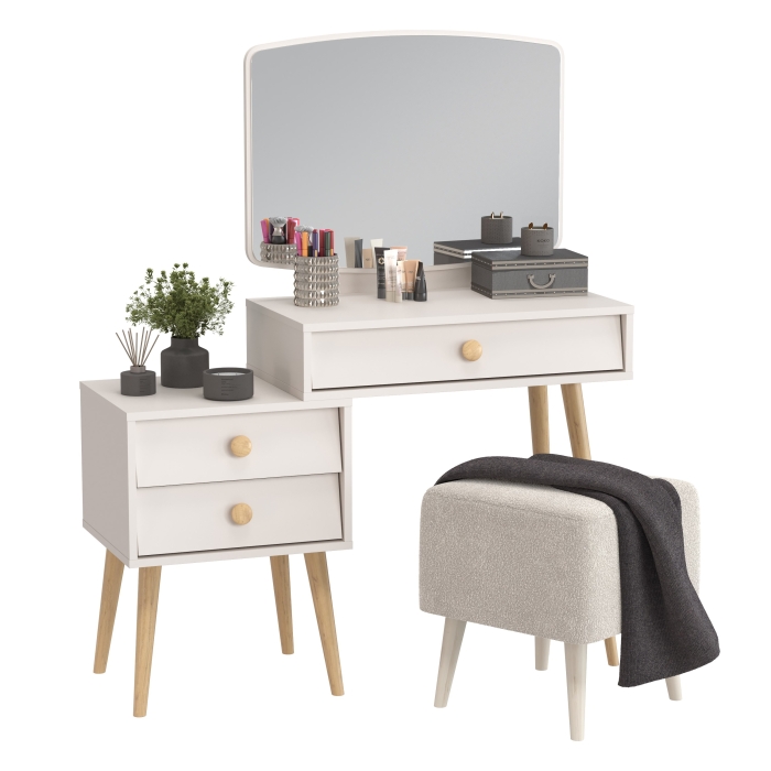 Афина Спальня 4-25901М1к.с. Трюмо + Банкетка 6-5133ТКВмол Куби, цвет кашемир серый/ткань молоко, ШхГхВ 105х38,6х129 + 41х41х45 см., универс. сб.