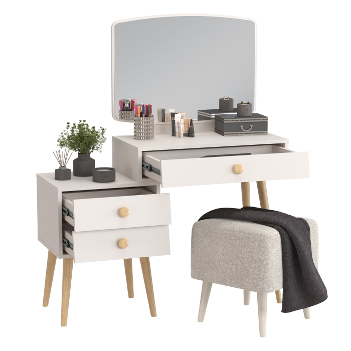 Афина Спальня 4-25901М1к.с. Трюмо + Банкетка 6-5133ТКВмол Куби, цвет кашемир серый/ткань молоко, ШхГхВ 105х38,6х129 + 41х41х45 см., универс. сб.