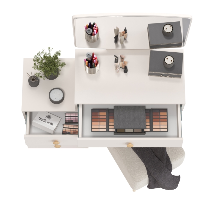 Афина Спальня 4-25901М1к.с. Трюмо + Банкетка 6-5133ТКВмол Куби, цвет кашемир серый/ткань молоко, ШхГхВ 105х38,6х129 + 41х41х45 см., универс. сб.