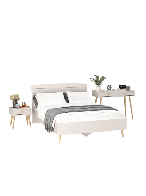 Афина Спальня Кровать 1400 + Стол + Тумба, цвет кашемир серый, ШхГхВ 144,6х210,2х95,7 + 100х45х76 + 45х37х45 см., 1400х2000 мм., б/м, осн. есть