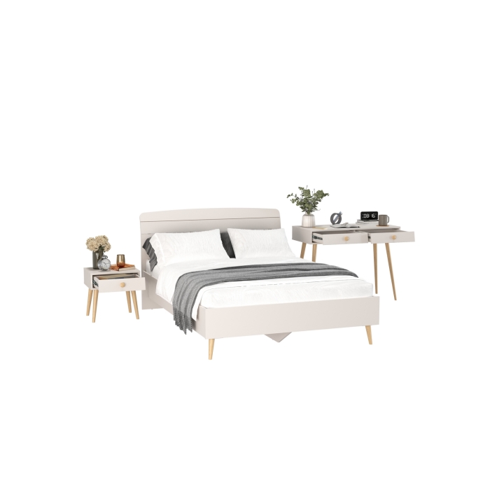 Афина Спальня Кровать 1400 + Стол + Тумба, цвет кашемир серый, ШхГхВ 144,6х210,2х95,7 + 100х45х76 + 45х37х45 см., 1400х2000 мм., б/м, осн. есть