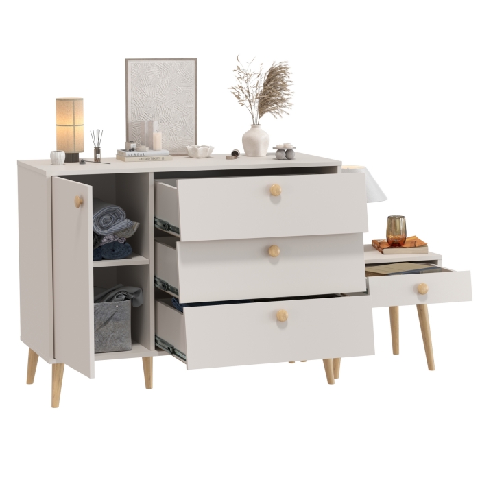 Афина Спальня Комод с дверкой и тремя ящиками + Тумба прикроватная, цвет кашемир серый, ШхГхВ 110х45,3х83 + 45х37х45 см., универсальная сборка