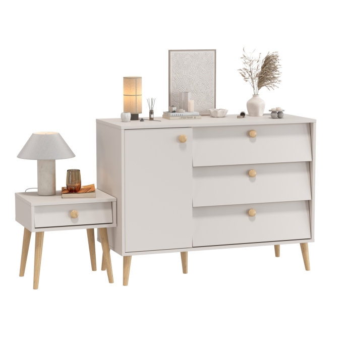 Афина Спальня Комод с дверкой и тремя ящиками + Тумба прикроватная, цвет кашемир серый, ШхГхВ 110х45,3х83 + 45х37х45 см., универсальная сборка