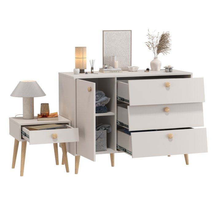 Афина Спальня Комод с дверкой и тремя ящиками + Тумба прикроватная, цвет кашемир серый, ШхГхВ 110х45,3х83 + 45х37х45 см., универсальная сборка