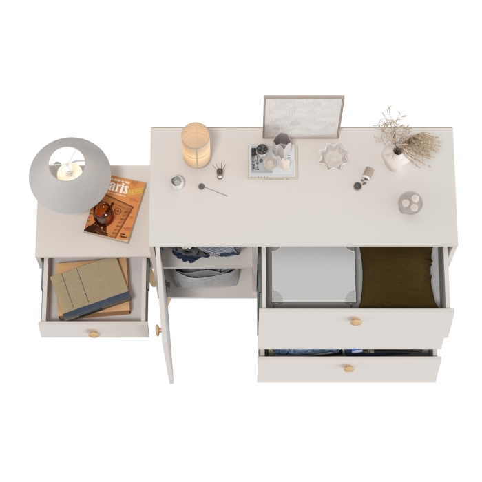 Афина Спальня Комод с дверкой и тремя ящиками + Тумба прикроватная, цвет кашемир серый, ШхГхВ 110х45,3х83 + 45х37х45 см., универсальная сборка