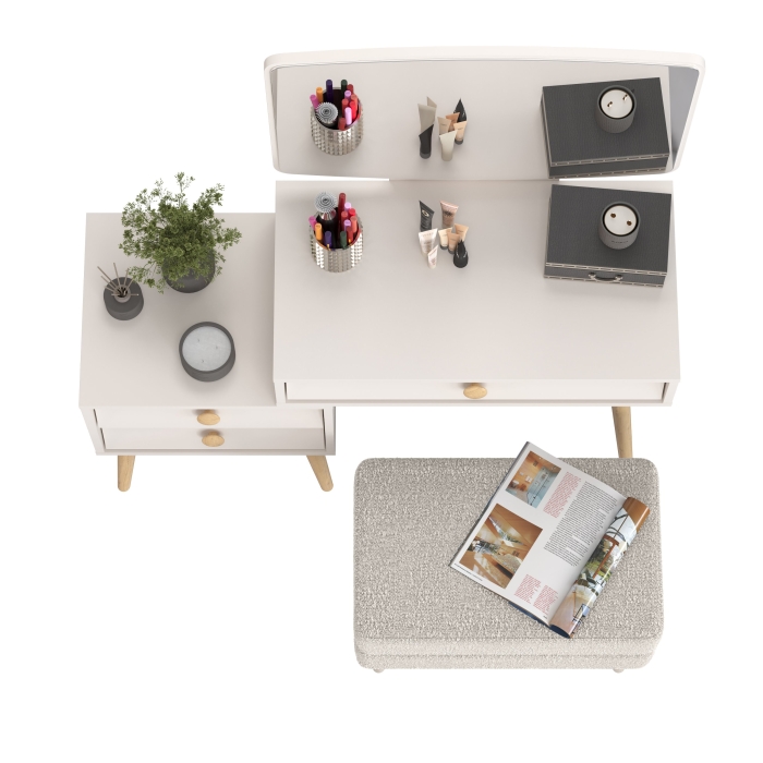 Афина Спальня 4-25901М1к.с. Трюмо + Банкетка 6-5138ТКШсв.серый Тифани, цвет кашемир серый/ткань светло-серая, ШхГхВ 105х38,6х129 + 55х33х46 см, ун. сб