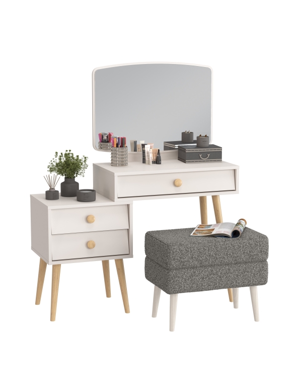 Афина Спальня 4-25901М1к.с. Трюмо + Банкетка 6-5138ТКШтем.серый Тифани, цвет кашемир серый/ткань тёмно-серая, ШхГхВ 105х38,6х129 + 55х33х46 см, ун. сб