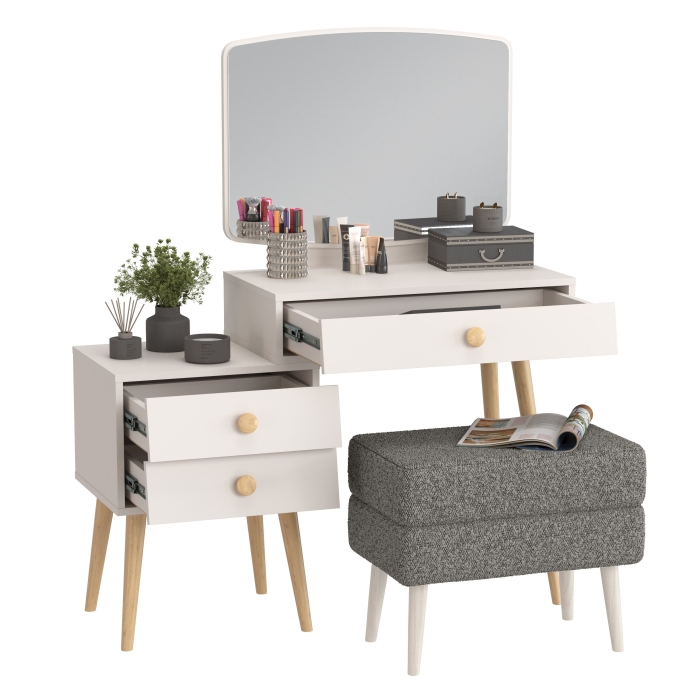 Афина Спальня 4-25901М1к.с. Трюмо + Банкетка 6-5138ТКШтем.серый Тифани, цвет кашемир серый/ткань тёмно-серая, ШхГхВ 105х38,6х129 + 55х33х46 см, ун. сб