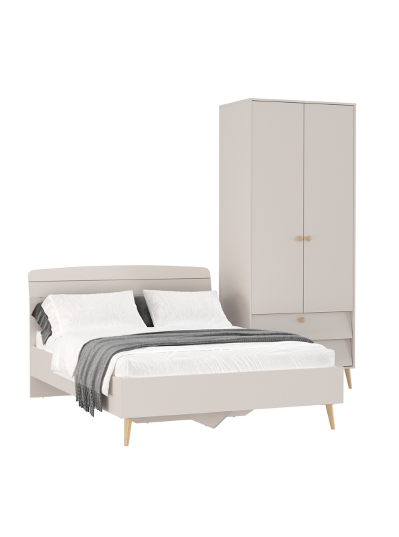 Афина Спальня Кровать 1400 + Шкаф 2-х дверный, цвет кашемир серый, ШхГхВ 144,6х210,2х95,7 + 90,3х56,3х220 см., сп.м. 1400х2000 мм., б/м, осн. есть