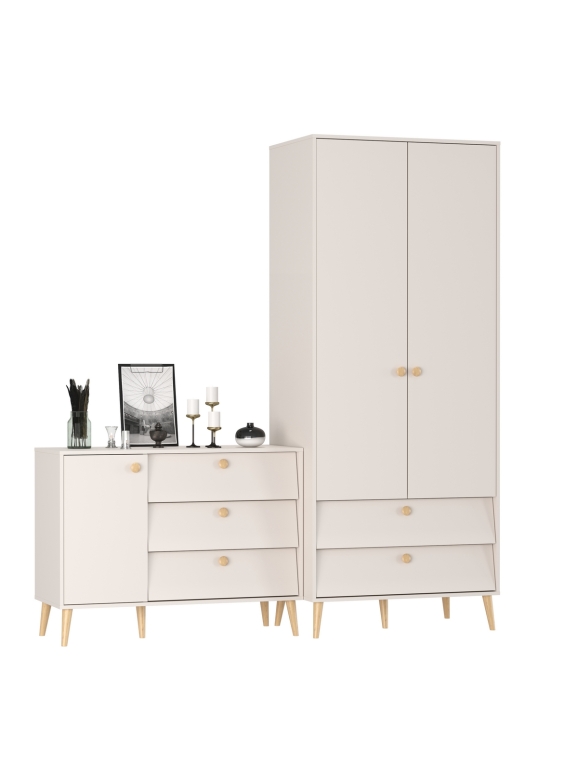 Афина Спальня Шкаф 2-х дверный + Комод с дверкой и тремя ящиками, цвет кашемир серый, ШхГхВ 90,3х56,3х220 + 110х45,3х83 см., универсальная сборка