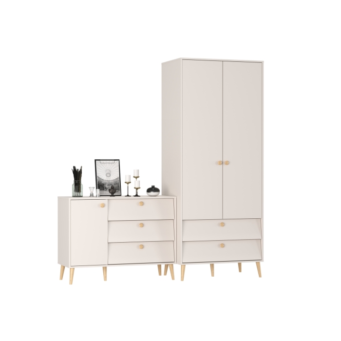 Афина Спальня Шкаф 2-х дверный + Комод с дверкой и тремя ящиками, цвет кашемир серый, ШхГхВ 90,3х56,3х220 + 110х45,3х83 см., универсальная сборка