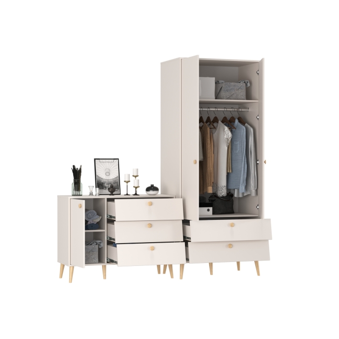 Афина Спальня Шкаф 2-х дверный + Комод с дверкой и тремя ящиками, цвет кашемир серый, ШхГхВ 90,3х56,3х220 + 110х45,3х83 см., универсальная сборка